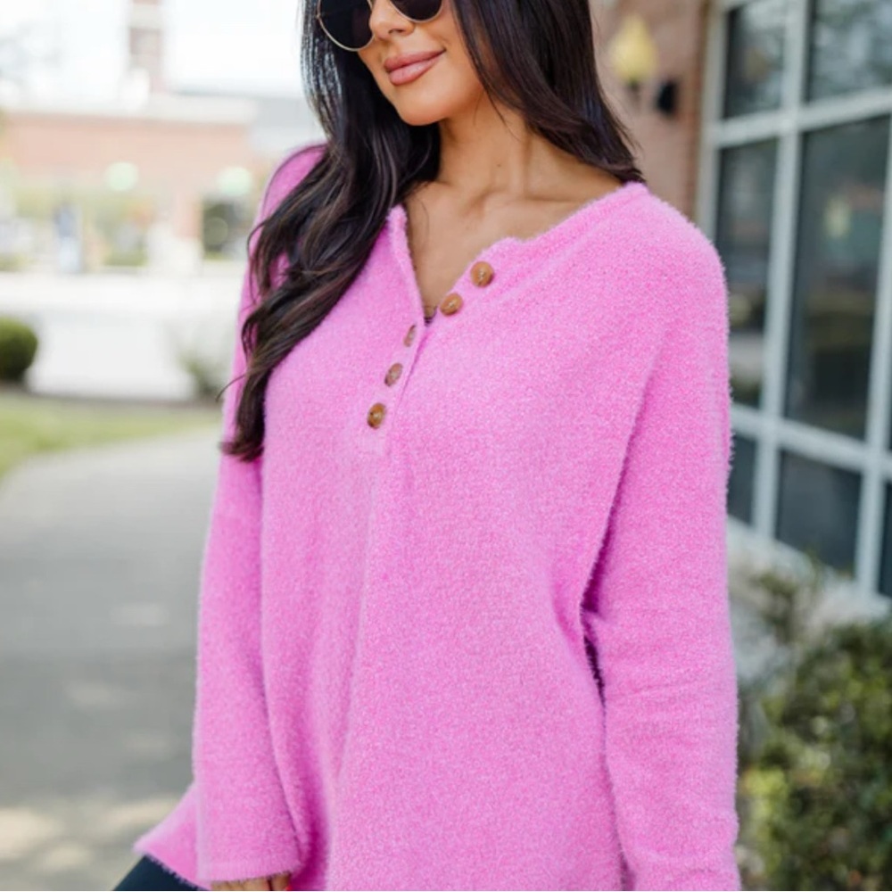 NWOT Pink Lily Hot Pink Fuzzy Henley Sweater